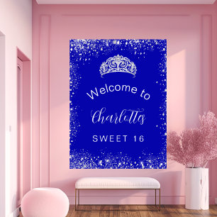 Sweet 16 royal blue silver glitter welcome poster