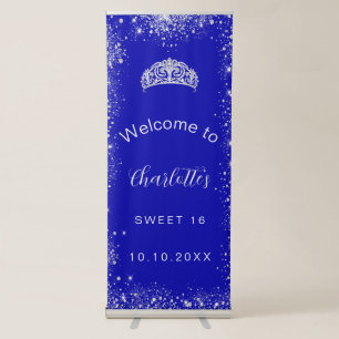 Sweet 16 royal blue silver glitter welcome retractable banner