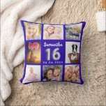 Sweet 16 royal blue silver photo collage cushion<br><div class="desc">A unique gift for a girl's Sweet 16, 16th birthday, celebrating her life with a collage of 8 of your own photos, pictures. Personalise and add her name and a date. A trendy royal blue background. The name is written with a modern hand lettered style script, number 16 with a...</div>