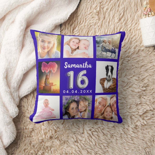 Sweet 16 royal blue silver photo collage cushion (Blanket)