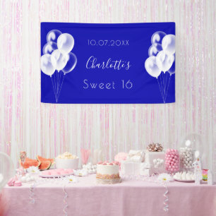 Sweet 16 royal blue white balloons party banner