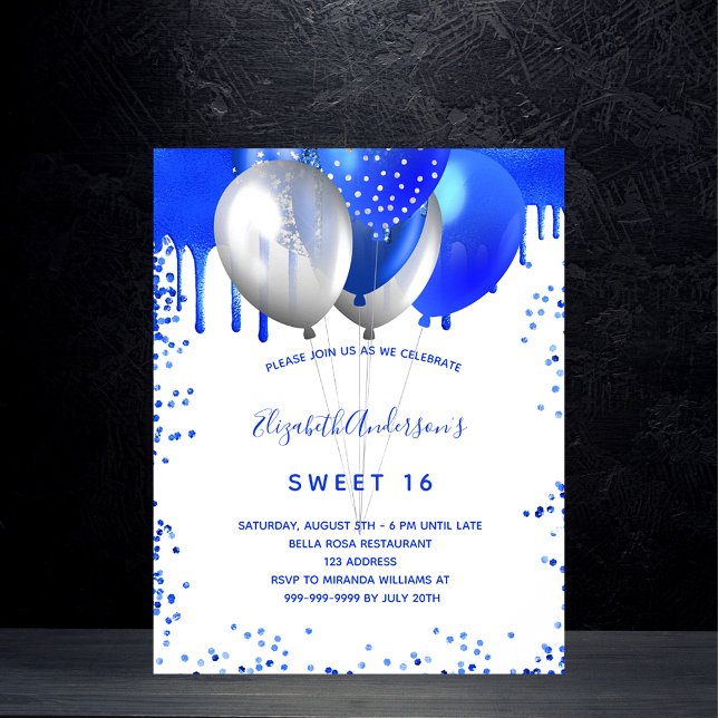 Sweet 16 royal blue white budget invitation flyer (Creator Uploaded)