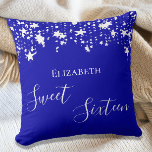 Sweet 16 royal blue white stars name cushion