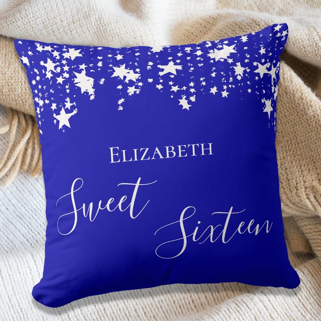 Sweet 16 royal blue white stars name cushion (Creator Uploaded)