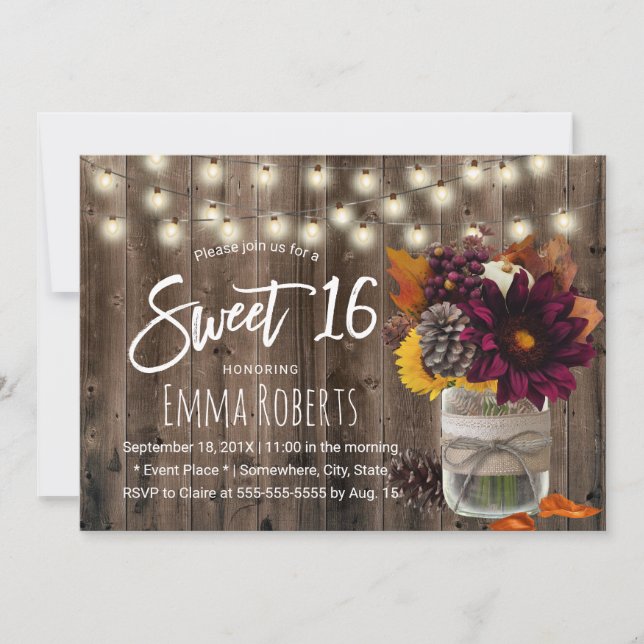 Sweet 16 Rustic Autumn Floral Jar Barn Wood Invitation (Front)