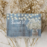 Sweet 16 Rustic Babys Breath Floral Jar Dusty Blue Invitation<br><div class="desc">Rustic Baby's Breath Floral Jar Dusty Blue Barn Wood & String Lights Sweet 16 Invitations.</div>