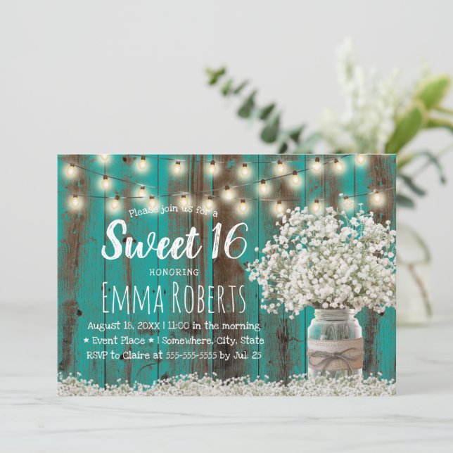 Sweet 16 Rustic Babys Breath Floral Jar Teal Barn Invitation (Standing Front)