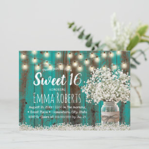 Sweet 16 Rustic Babys Breath Floral Jar Teal Barn Invitation