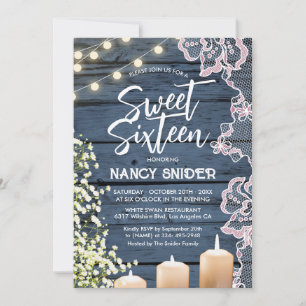 Sweet 16 Rustic Blue Wood String Lights Modern Invitation