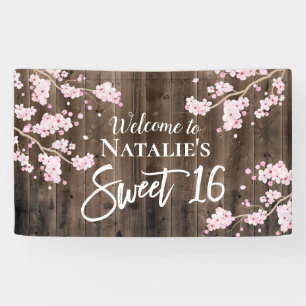 Sweet 16 Rustic Cherry Blossom Floral Barn Wood Banner