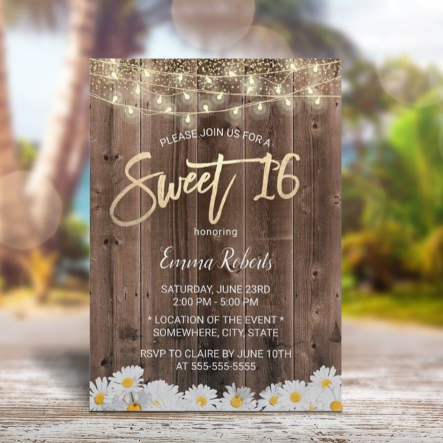 Sweet 16 Rustic Daisy Flowers Barn Wood Invitation (Creator Uploaded)