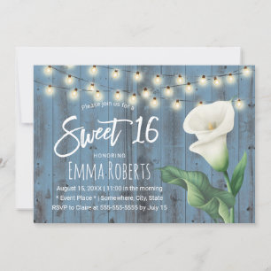 Sweet 16 Rustic Dusty Blue Barn Wood Lily Flower Invitation