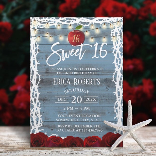 Sweet 16 Rustic Fairy Tale Snow White Dusty Blue Invitation (Creator Uploaded)