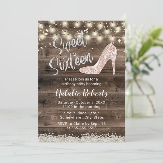 Sweet 16 Rustic Floral Barn Wood Modern Birthday Invitation (Standing Front)