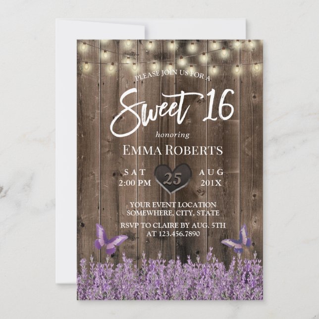 Sweet 16 Rustic Lavender Floral Classy Wood Invitation (Front)