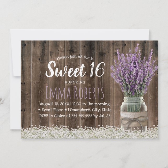 Sweet 16 Rustic Lavender Floral Jar Elegant Wood Invitation (Front)