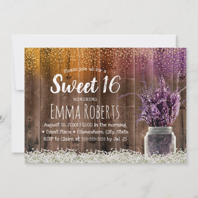 Sweet 16 Rustic Lavender Floral Jar Gold Confetti Invitation (Front)