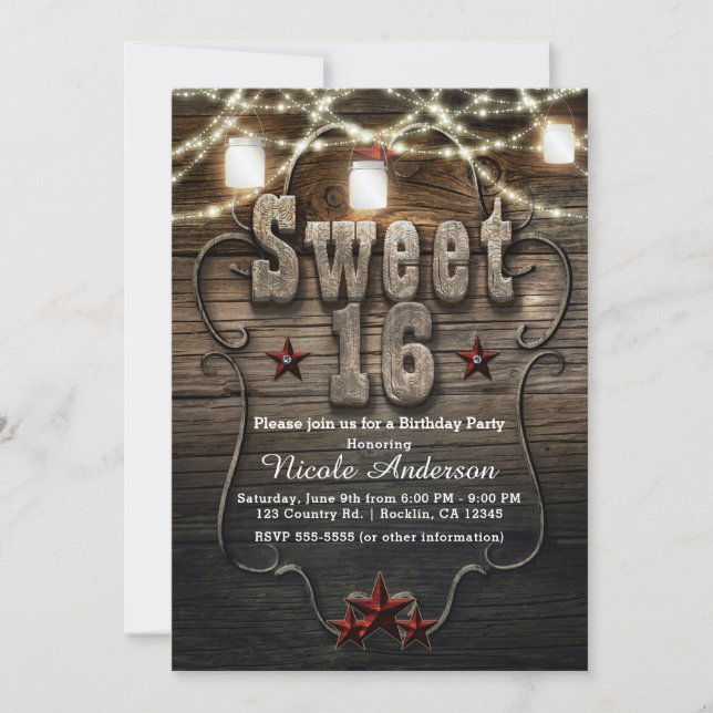 SWEET 16 Rustic Mason Jars Lights Birthday Party Invitation (Front)