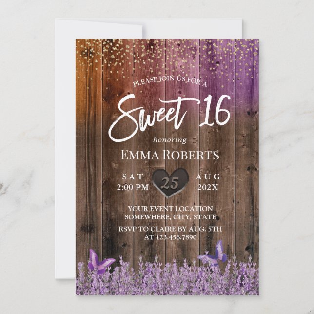 Sweet 16 Rustic Purple Lavender Flower Barn Wood Invitation (Front)