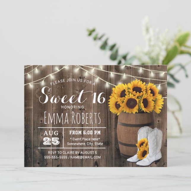 Sweet 16 Rustic Sunflower Barrel Country Cowgirl Invitation (Standing Front)