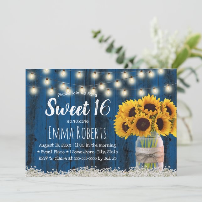 Sweet 16 Rustic Sunflower Jar Navy Barn Wood Invitation (Standing Front)