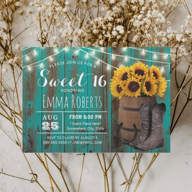 Sweet 16 Rustic Sunflower Teal Western Cowgirl Invitation (Creator Uploaded)