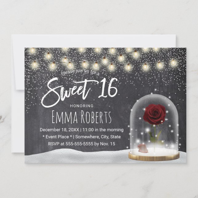 Sweet 16 Rustic Winter Beauty Rose Dome Chalkboard Invitation (Front)