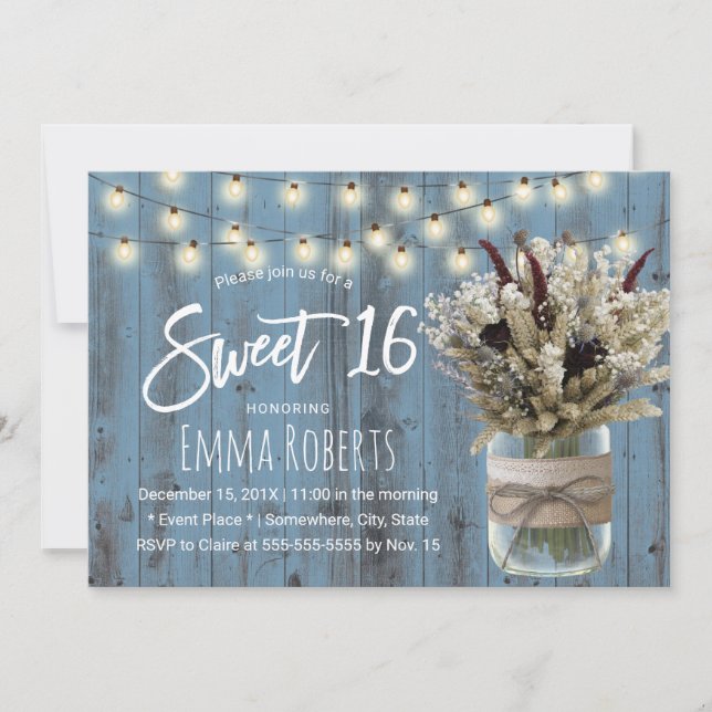 Sweet 16 Rustic Winter Floral Jar Dusty Blue Invitation (Front)