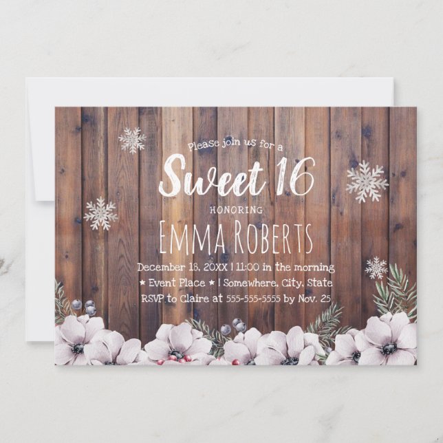 Sweet 16 Rustic Winter Floral Snowflakes Invitation (Front)