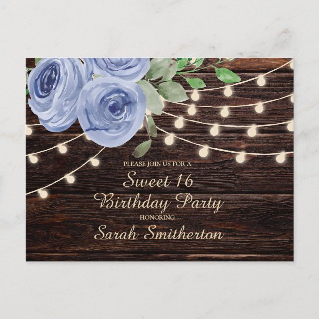 Sweet 16 Rustic Wood Blue Floral String Lights Postcard (Front)