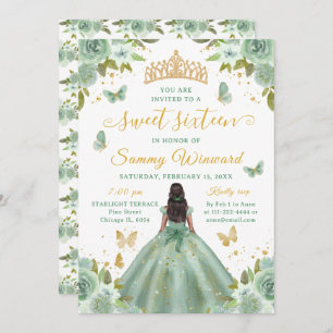 Sweet 16 Sage Green Princess African American Girl Invitation