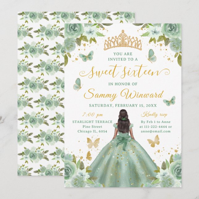 Sweet 16 Sage Green Princess African American Girl Invitation (Front/Back)