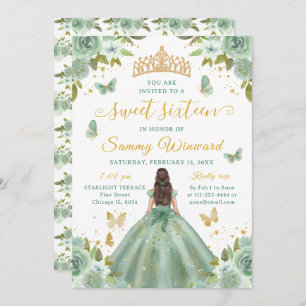 Sweet 16 Sage Green Princess Brunette Girl Invitation
