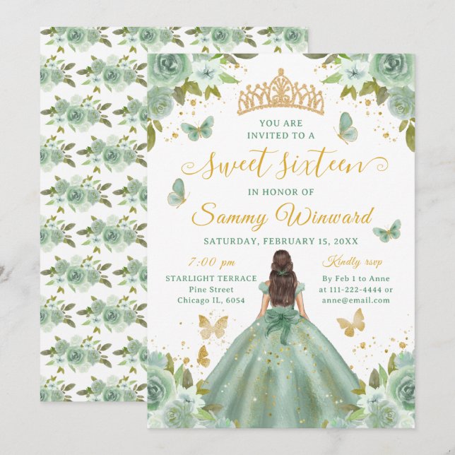 Sweet 16 Sage Green Princess Brunette Girl Invitation (Front/Back)