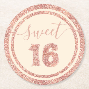 Sweet 16 Salmon Faux Glitter Stripe Birthday Party Round Paper Coaster