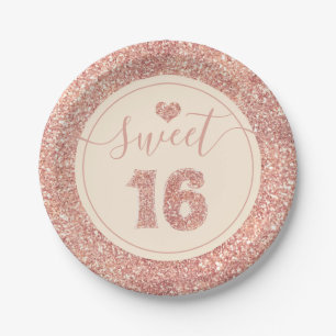 Sweet 16 Salmon Pink Faux Glitter Birthday Party Paper Plate