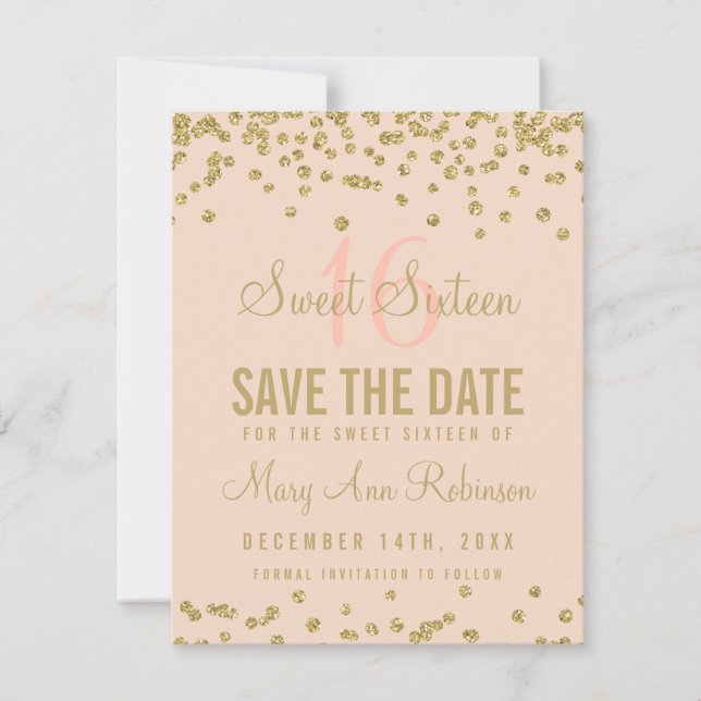Sweet 16 "Save Date" Gold Glitter Confetti Blush Save The Date (Front)