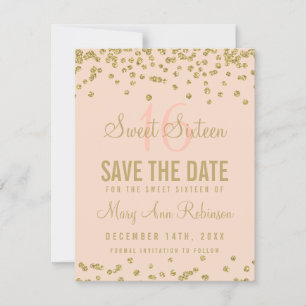 Sweet 16 "Save Date" Gold Glitter Confetti Blush Save The Date