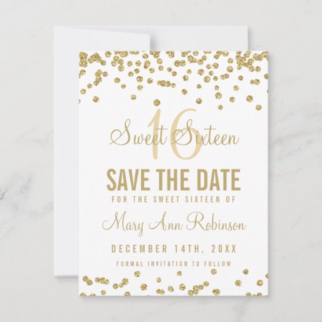 Sweet 16 "Save Date" Gold Glitter Confetti White Save The Date (Front)
