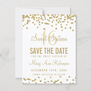 Sweet 16 "Save Date" Gold Glitter Confetti White Save The Date