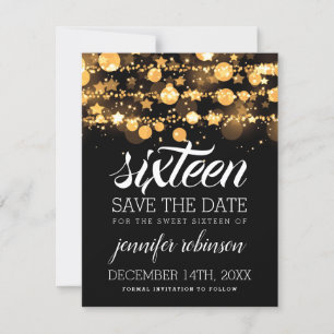 Sweet 16 Save Date Gold Sparkling Lights & Stars Save The Date