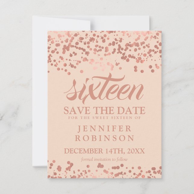 Sweet 16 Save Date Rose Gold Foil Confetti Blush Save The Date (Front)