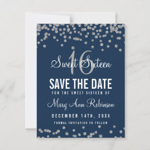Sweet 16 Save Date Silver Glitter Confetti Navy Save The Date