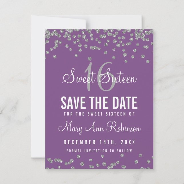 Sweet 16 Save Date Silver Glitter Confetti Purple Save The Date (Front)
