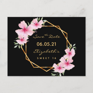 Sweet 16 Save the Date black gold florals Postcard