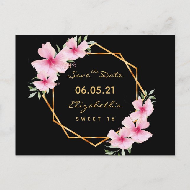 Sweet 16 Save the Date black gold florals Postcard (Front)