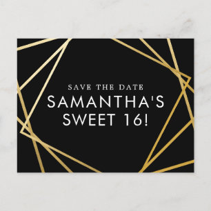 Sweet 16 Save the Date Black Gold Geometric Announcement Postcard