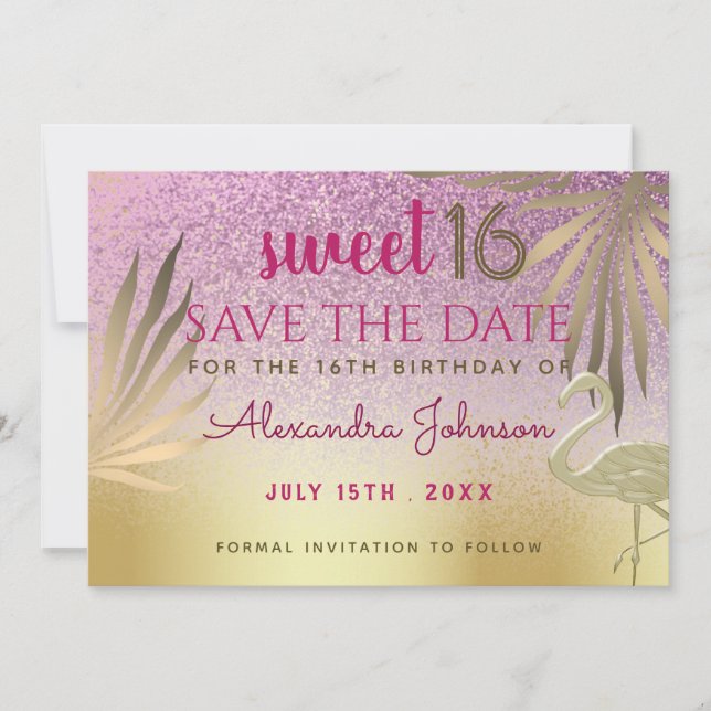 Sweet 16 Save The Date Flamingo Pink and Gold (Front)