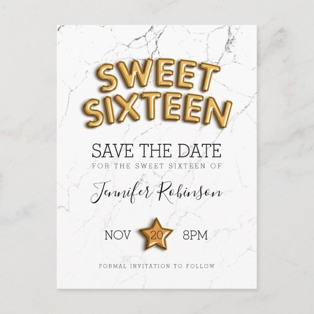 Sweet 16 Save The Date Gold Balloons Glitter Announcement Postcard (Front)