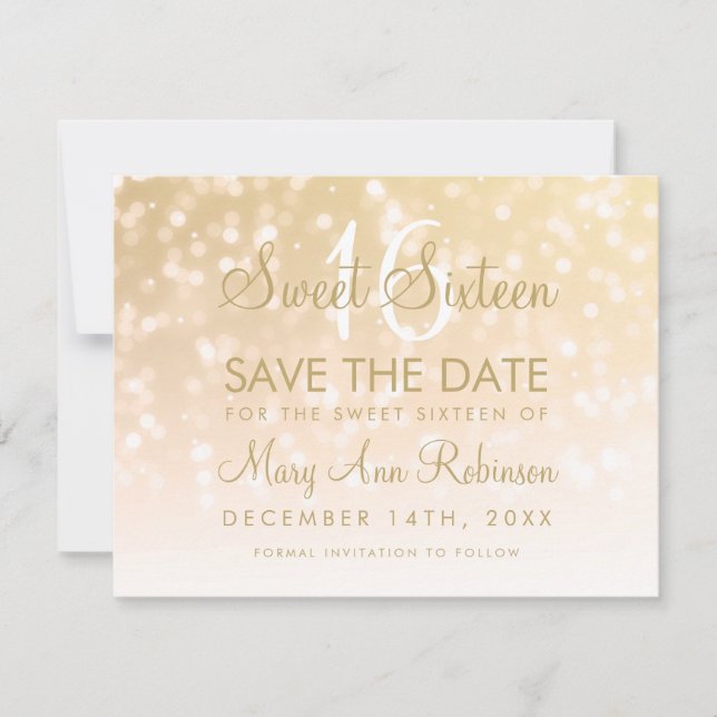 Sweet 16 Save The Date Gold Bokeh Sparkle Lights (Front)
